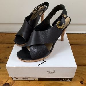 Via Spiga Onitta, Black Leather Cork Sandals Heels
